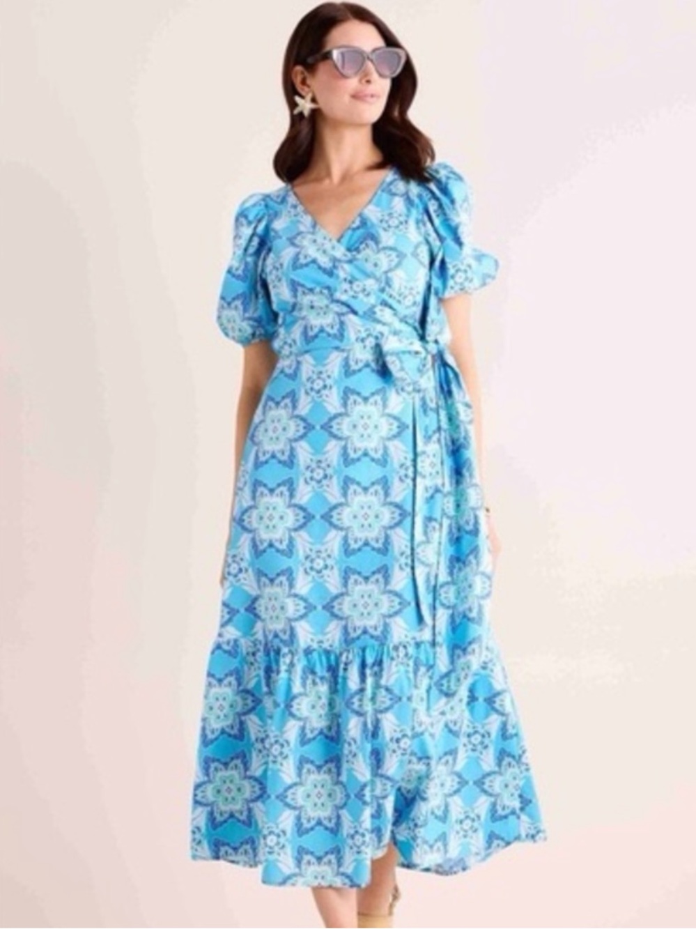 Avara Adeline floral print puff sleeve, semi wrap midi Dress S